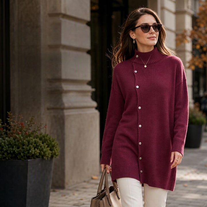 Renette - Longline Knit Sweater With Turtleneck and Buttons