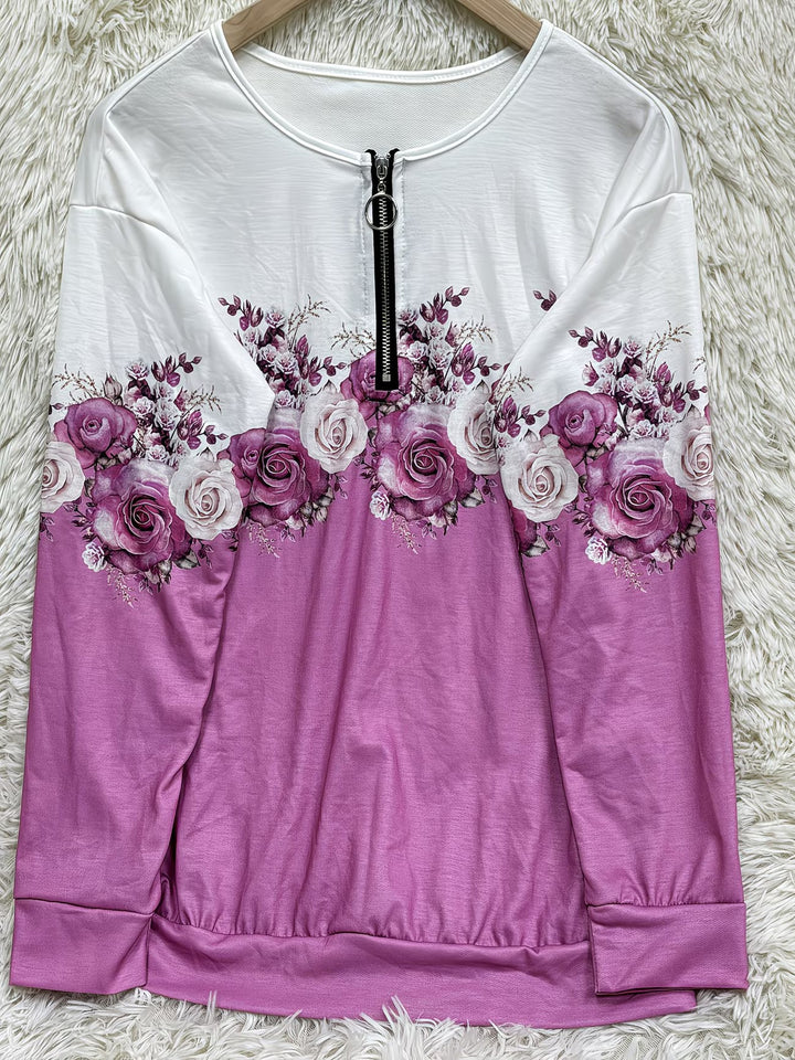 Shlomina - Rose Print Half Zip Sweatshirt