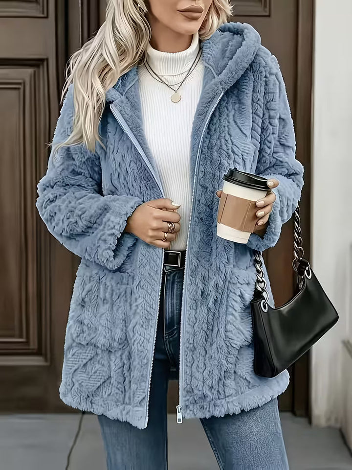 Zanea - Double Sided Plush Zip-Up Hooded Cardigan