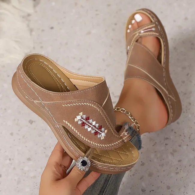 Jacky - Embroidered Toe Loop Wedge Sandals
