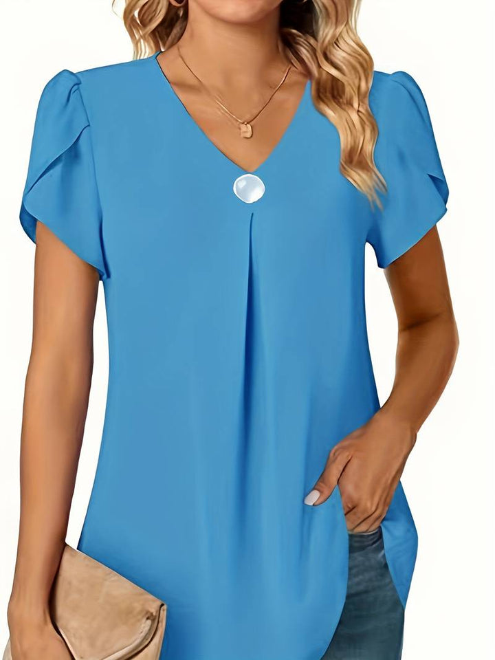 Thilakshi - Ruffle Short Sleeve Blouse With Single Button