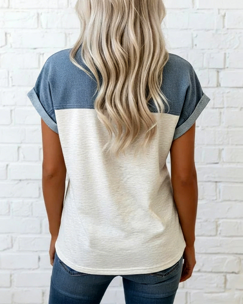 Myleena - Patchwork T-Shirt With Turn-Down Collar