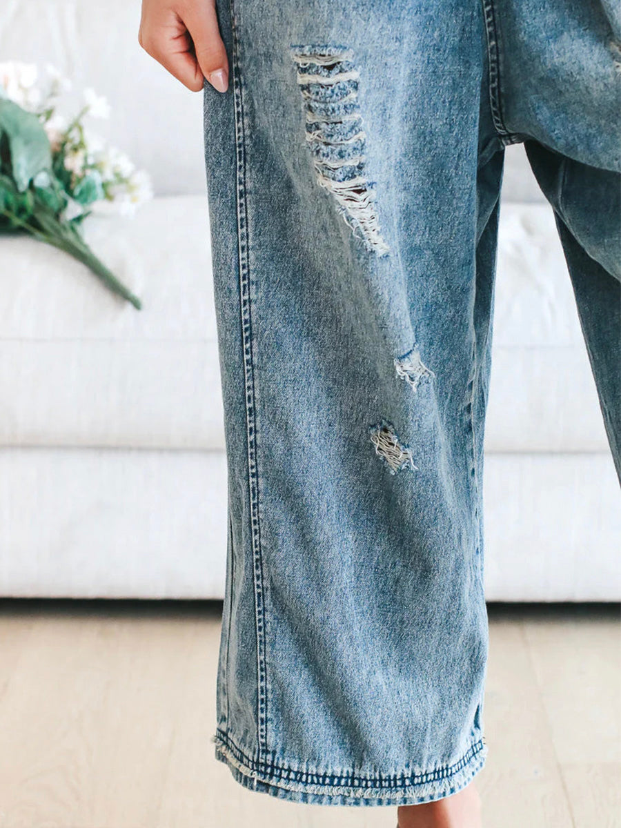 Clarice - Loose Fit Distressed Denim Overalls