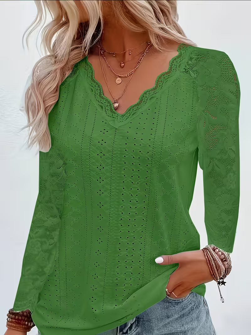 Shaleva - Stylish Long Sleeve Shirt With Lace V-Neck