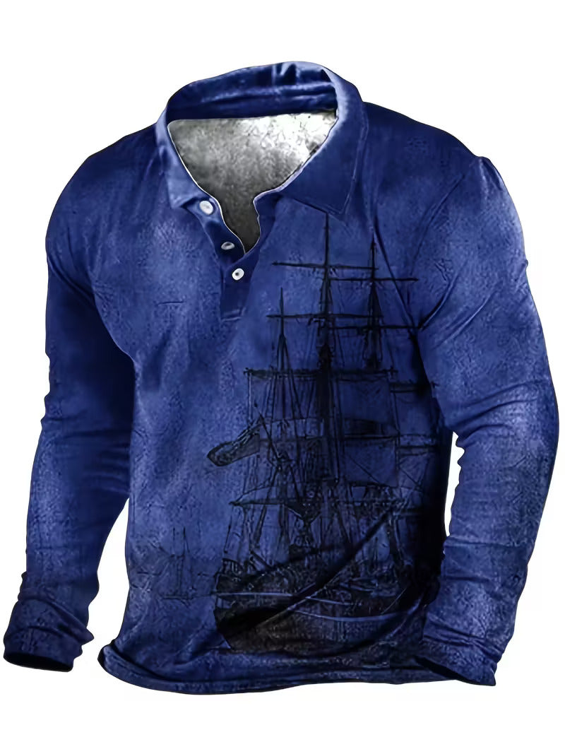 Giles - Stylish 3D Sailboat Print Lapel Shirt