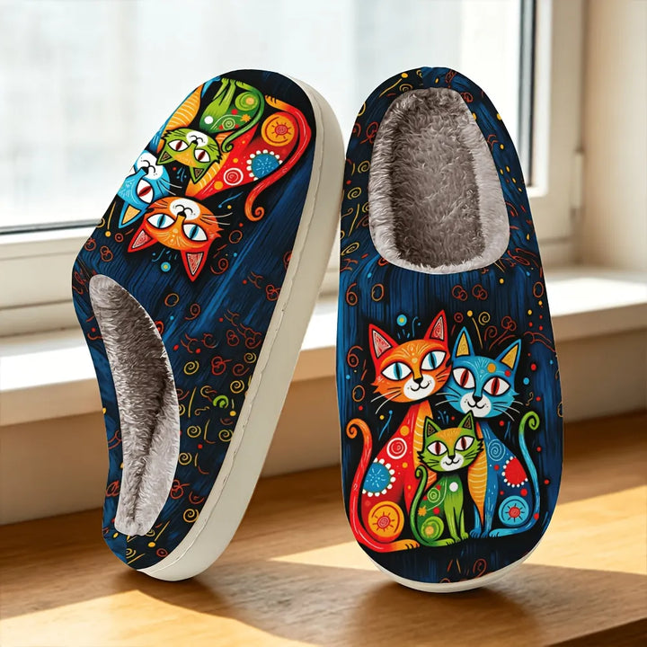 Jovisova - Cat Print Plush-Lined Slippers