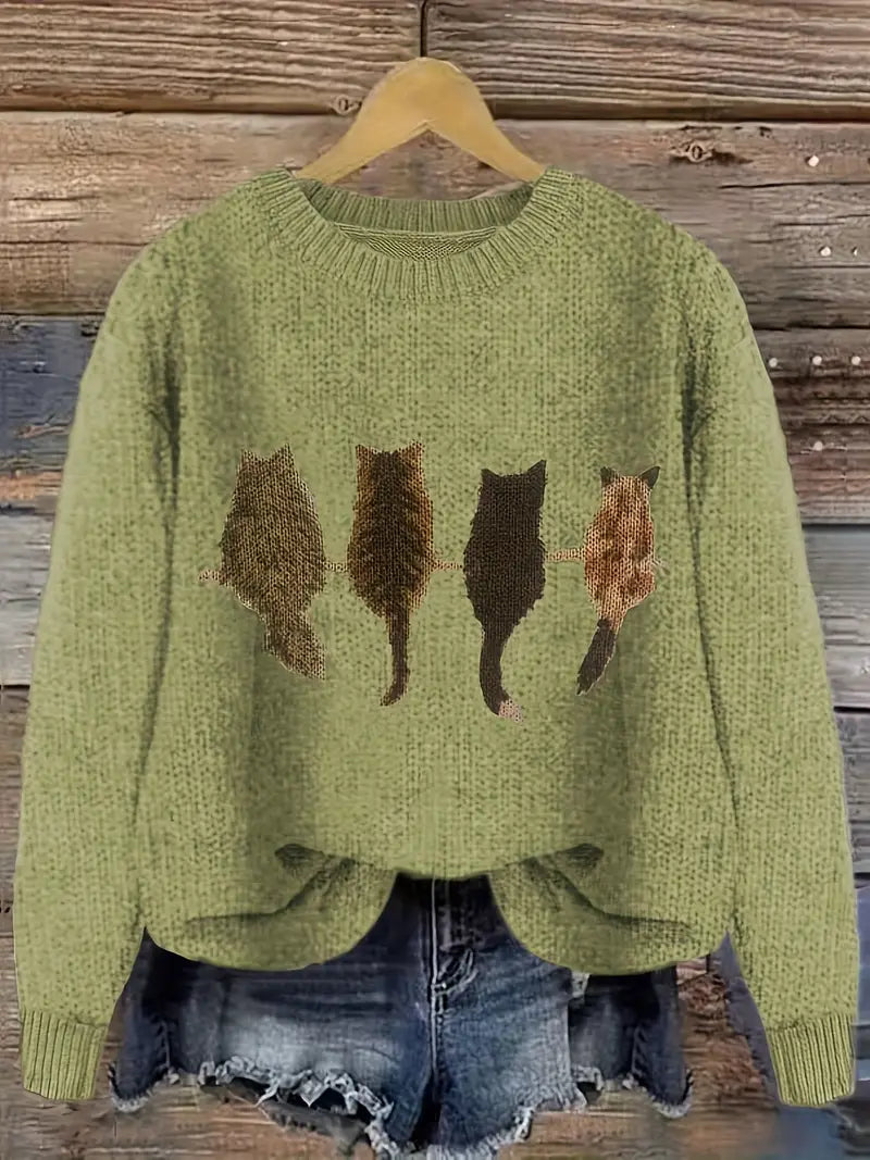 Urvana - Cat Print Long Sleeve Sweater
