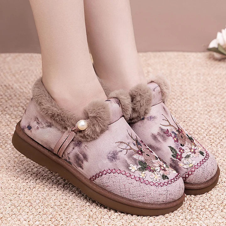 Alece - Retro Embroidered Deer Faux Fur Slippers