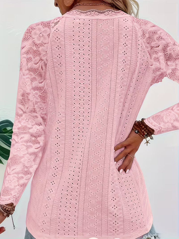 Shaleva - Stylish Long Sleeve Shirt With Lace V-Neck