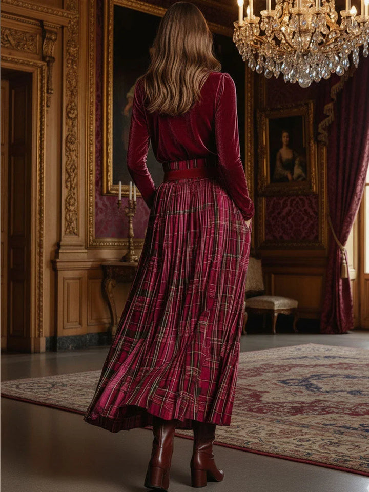 Nivaeh - Festive Retro Turtleneck Plaid Skirt Set