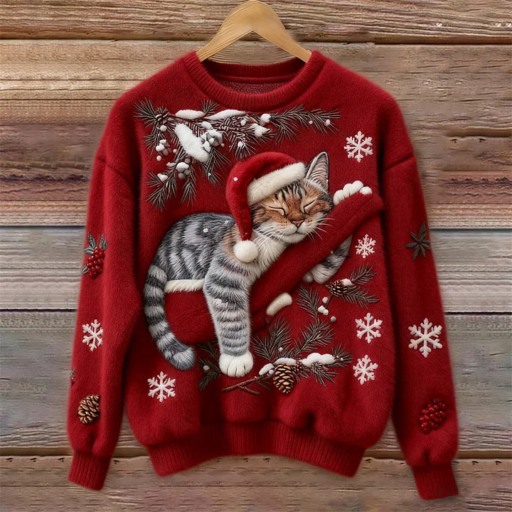 Elisabetta - Plush Sweater With a Lazy Cat Motif