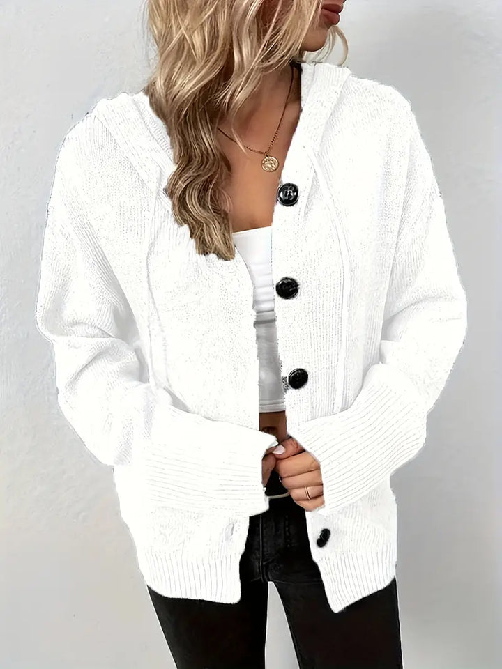 Suthida - Elegant Long Sleeve Hooded Sweater With Button