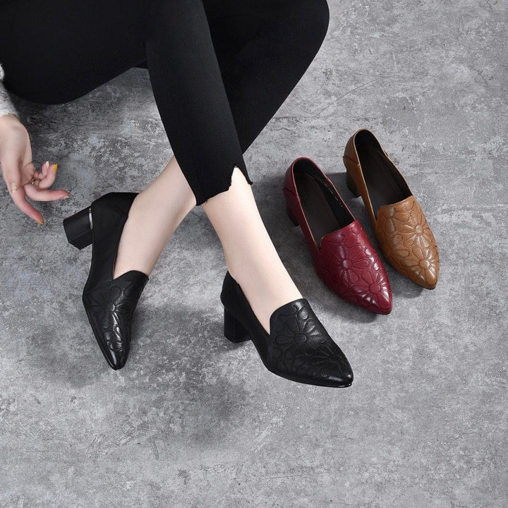 Minhora - Leather Embroidered Block Heel Pumps