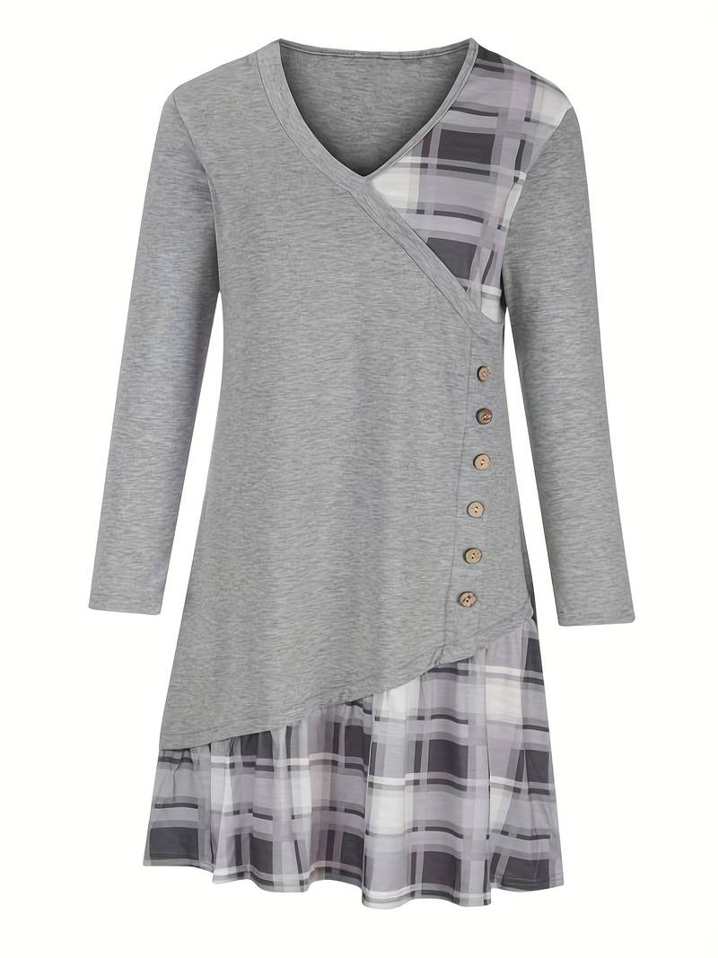 Alinor - Casual Plaid Patchwork Long Sleeve Dress