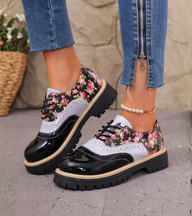 Rheaoova - Floral Oxford Shoes With Chunky Lug Sole