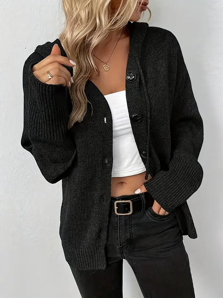 Suthida - Elegant Long Sleeve Hooded Sweater With Button