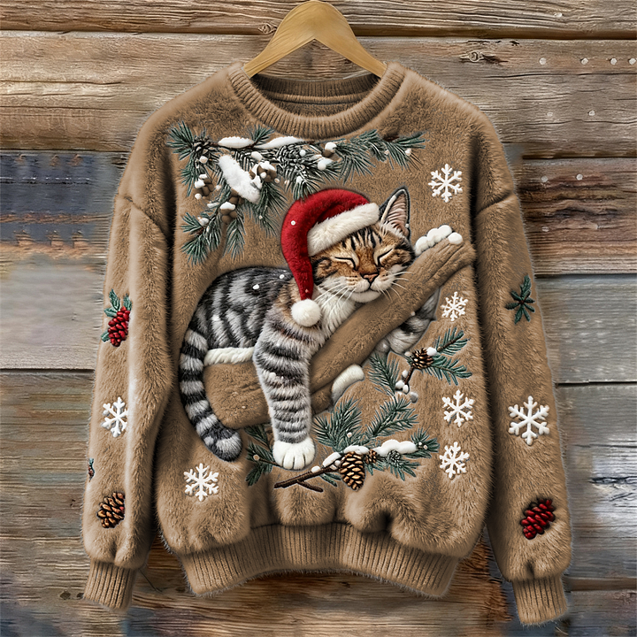 Elisabetta - Plush Sweater With a Lazy Cat Motif