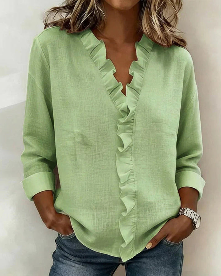 Pabasari - Stylish V-neck Blouse With Delicate Ruffles