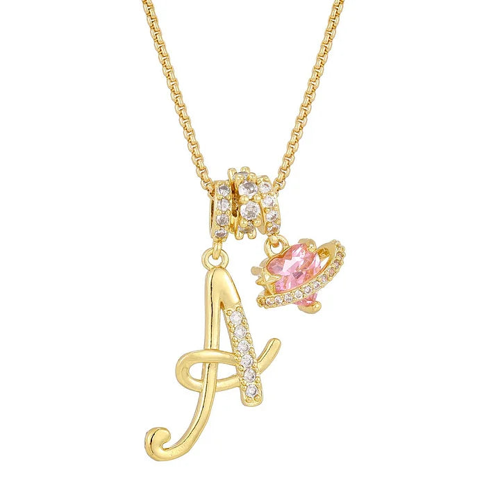 Nerute - Initial Letter Necklace With Pink Heart Charm