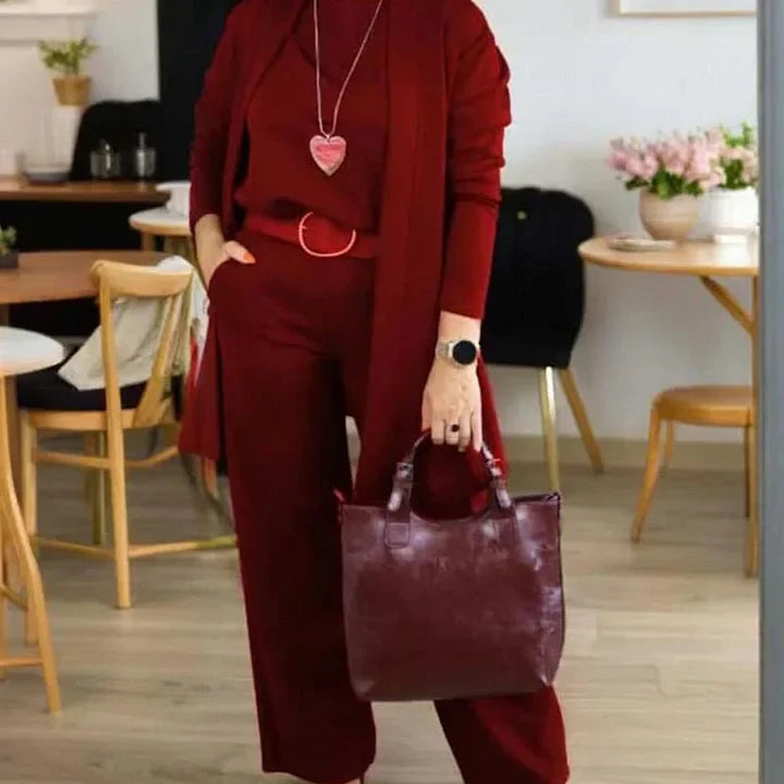 Zivara - Elegant 3-Piece Set With Long Cardigan, Top And Pant