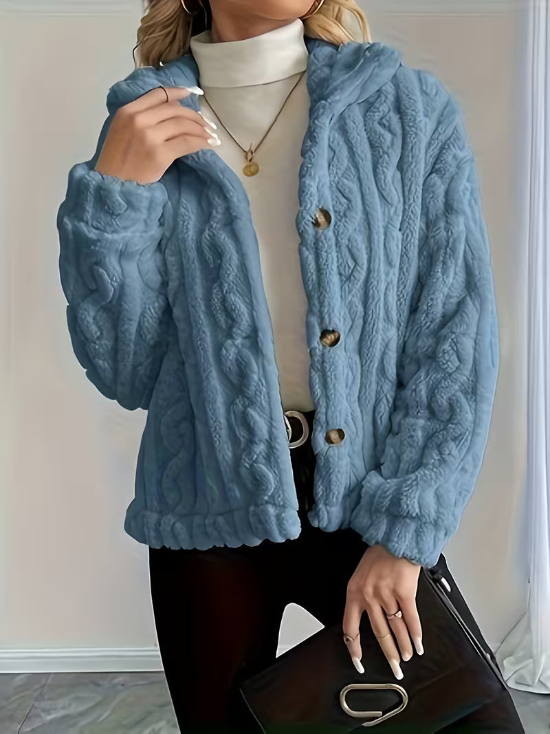 Rosaella - Cable Textured Fuzzy Teddy Jacket