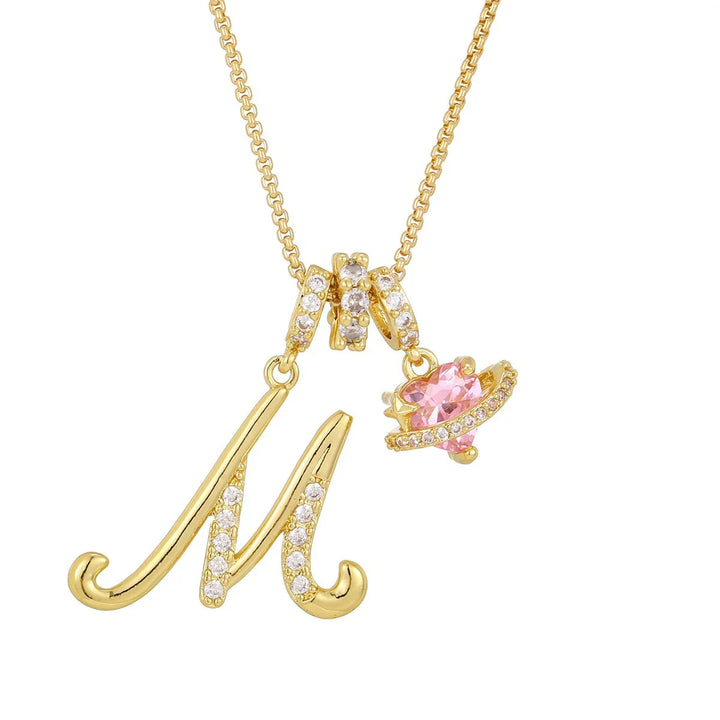Nerute - Initial Letter Necklace With Pink Heart Charm