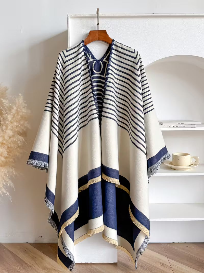 Taisija - Reversible Striped Jacquard Shawl in Faux Cashmere