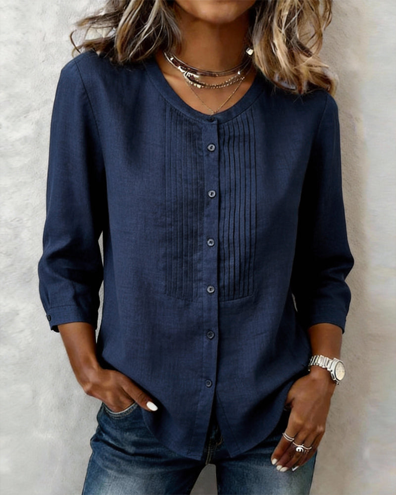 Itsasne - Three Quarter Sleeve Button Down Cotton Shirt