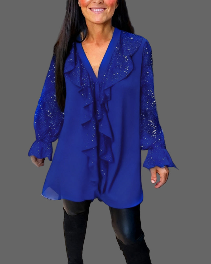 Moxie  - Ruffle Sparkly Sequin Blouse with V-Neck