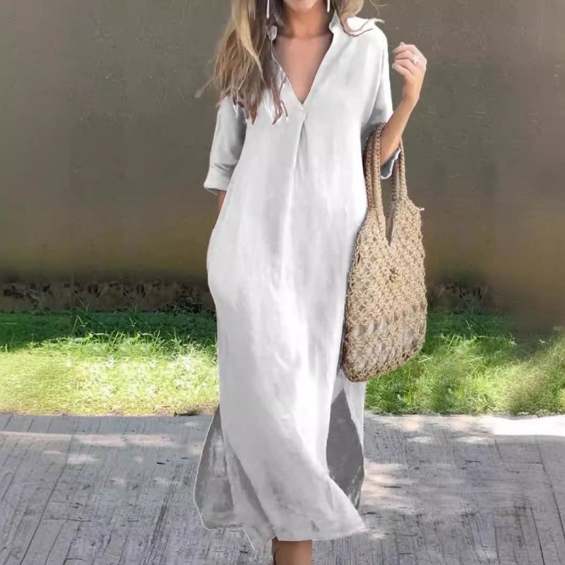 Ramune - Casual Linen Dress With V-Neck