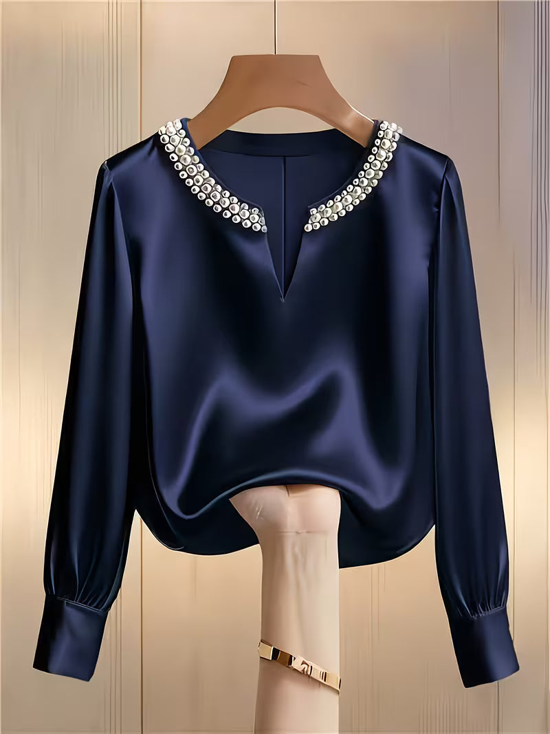 Avinaya - Elegant Long Sleeve Shirt With Round Neck Pearl