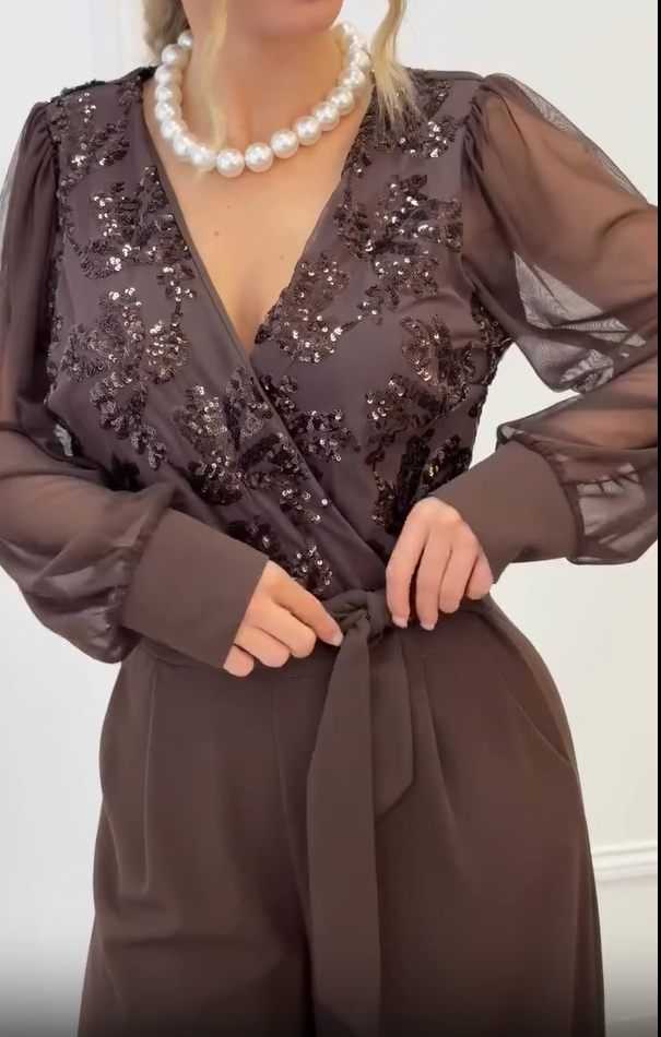Meira - Mesh Long Sleeves Embellished Jumpsuit