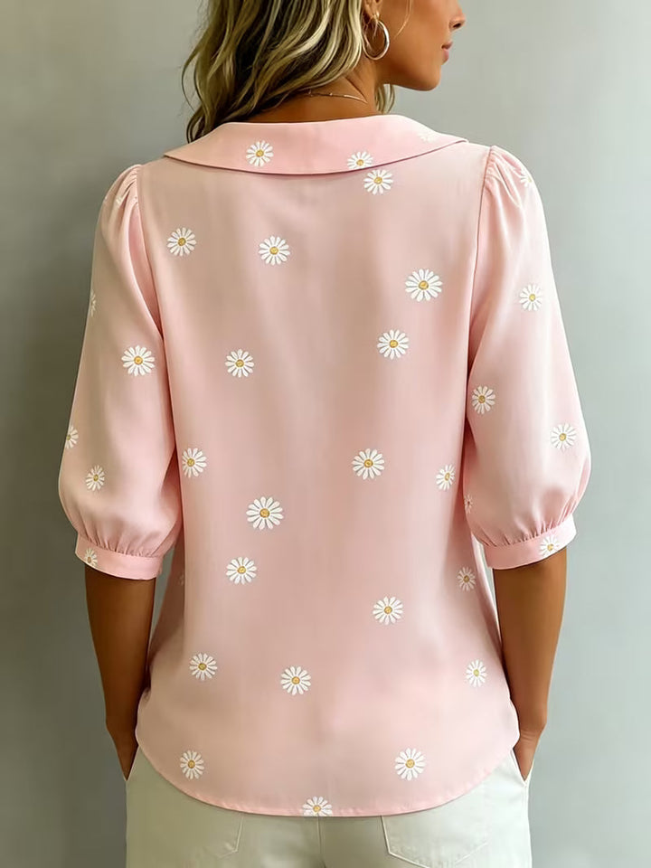 Alvique - Floral Print Collar Short Sleeve Blouse
