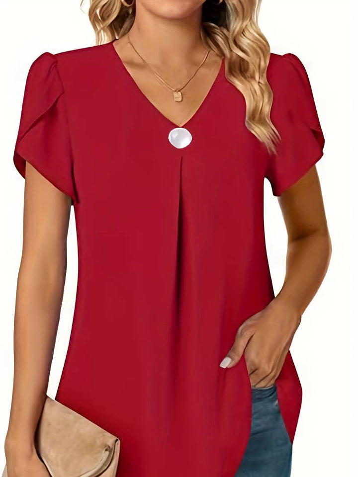 Thilakshi - Ruffle Short Sleeve Blouse With Single Button