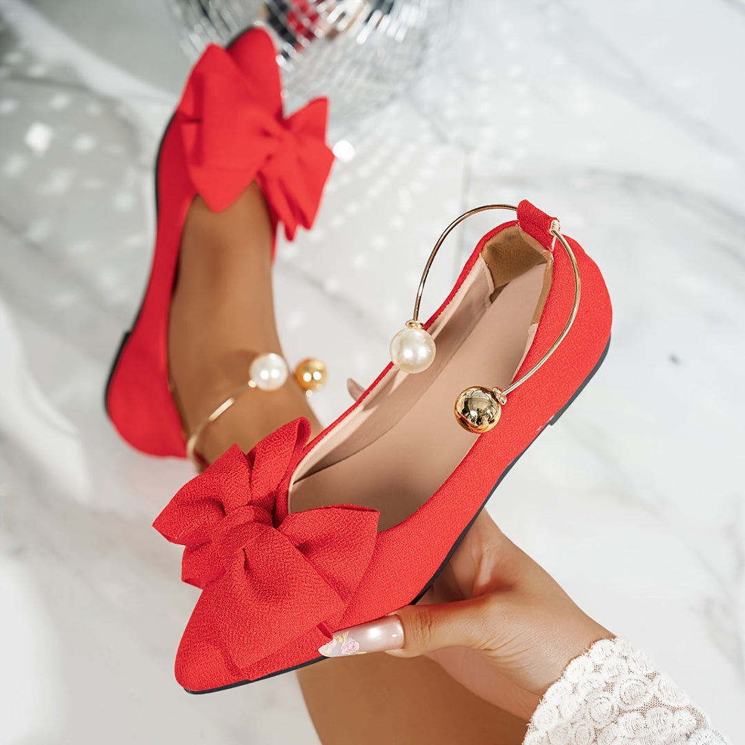 Jonita - Pointed Bow Flats With Pearl Back Strap