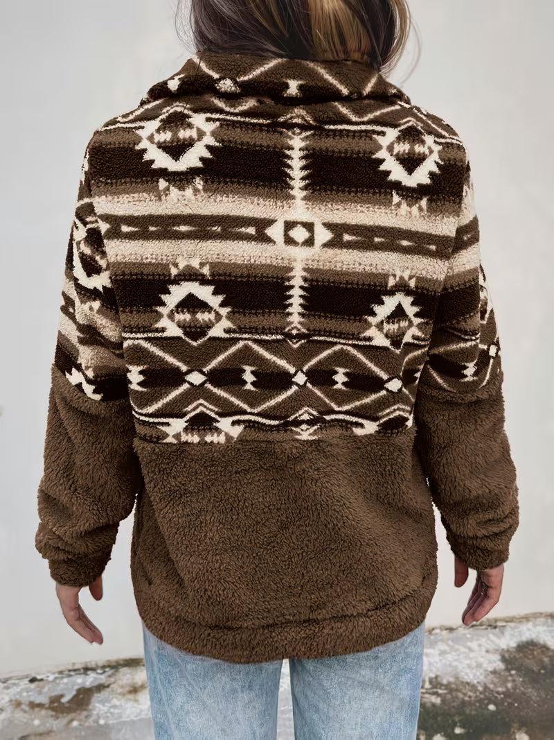 Florira - Geo Pattern Half-Zip Teddy Sweatshirt