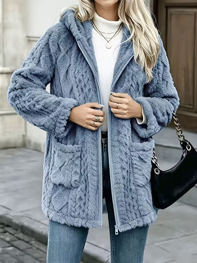 Zanea - Double Sided Plush Zip-Up Hooded Cardigan