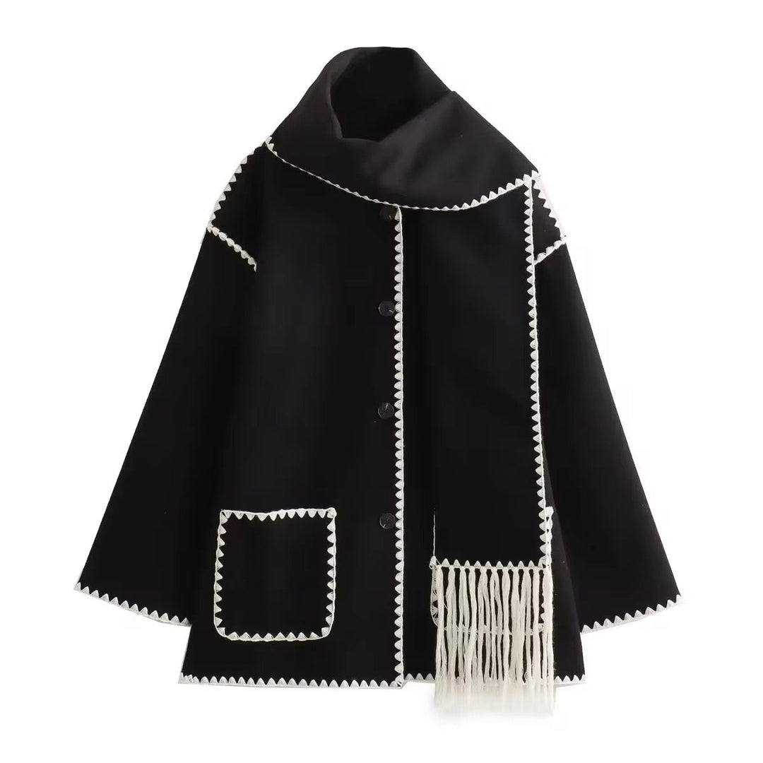 Anelinoria - Embroidered Fringe Coat With Matching Scarf