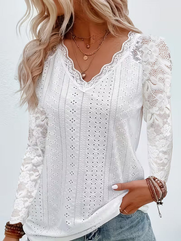 Shaleva - Stylish Long Sleeve Shirt With Lace V-Neck