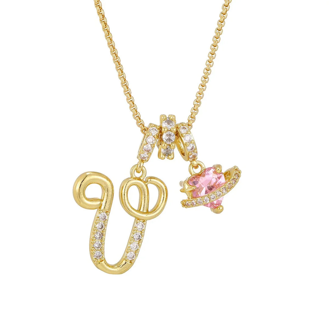 Nerute - Initial Letter Necklace With Pink Heart Charm