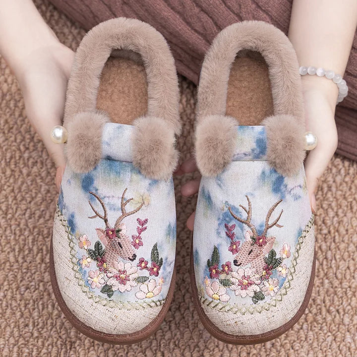Alece - Retro Embroidered Deer Faux Fur Slippers