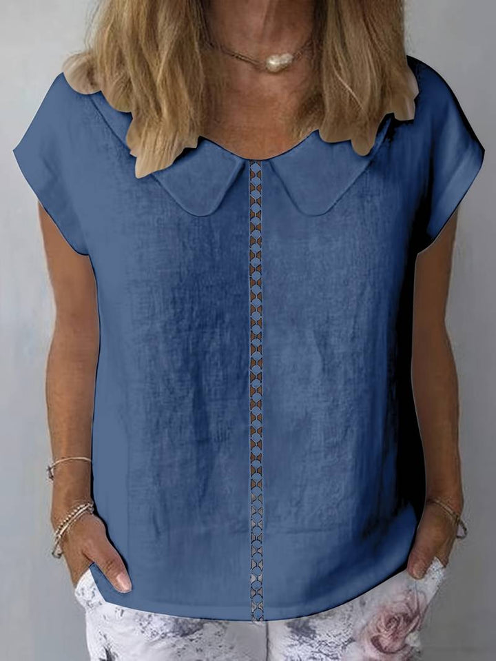 Krischelle - Lapel Lace Splicing Short Sleeve Sweater