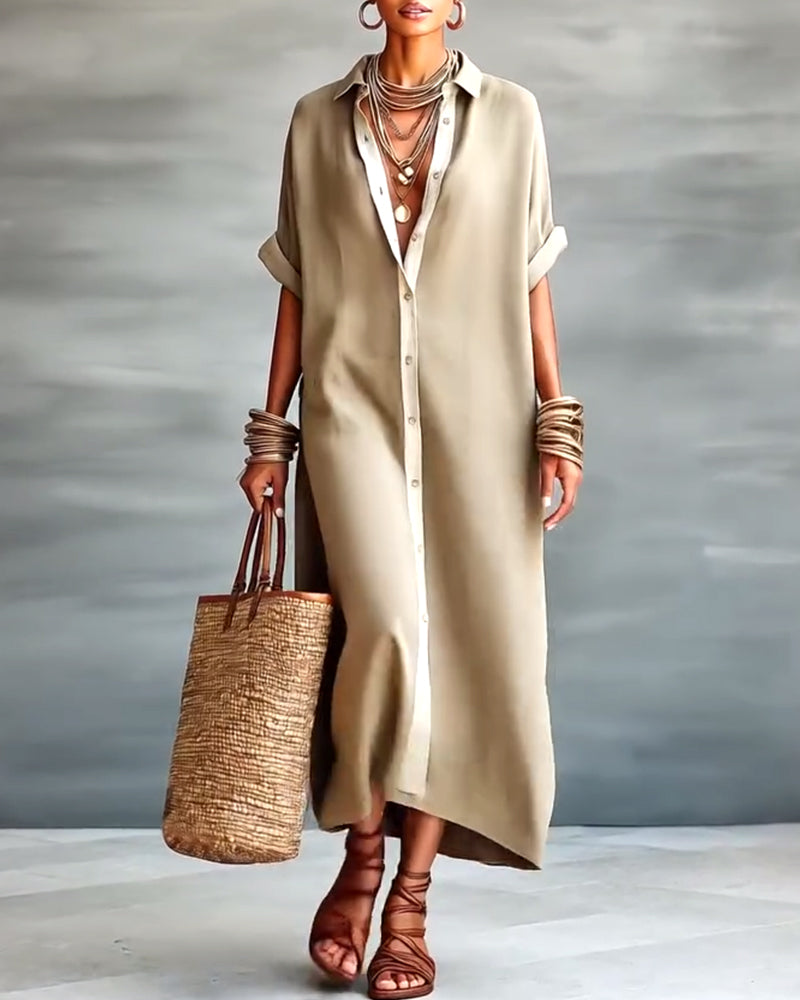 Nerena - Elegant Draped Notched Collar Shirt Dress