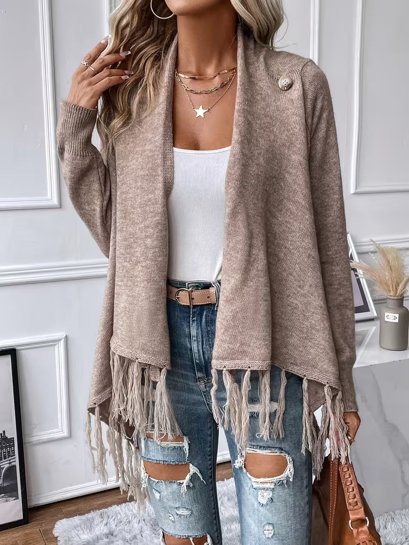 Theoaula - Draped Neck Cardigan With Fringed Trim