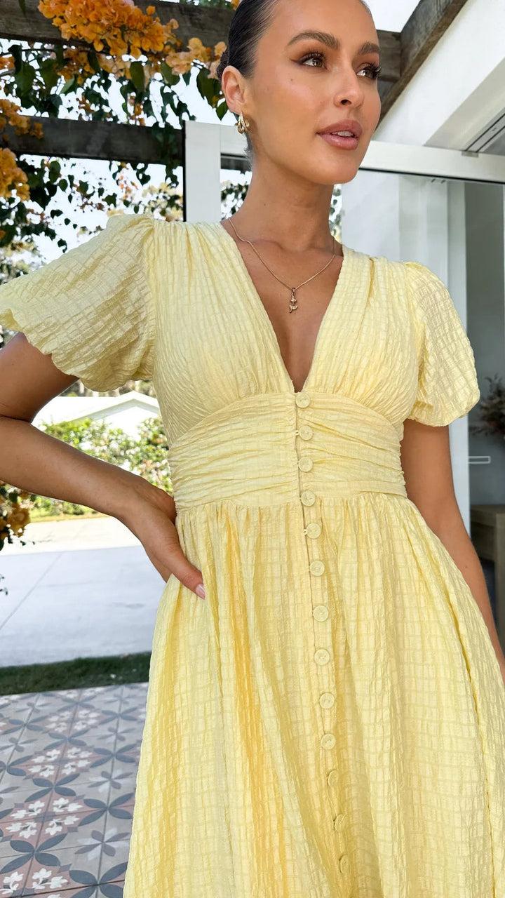 Sneja - Elegant Puff Sleeve Button Dress