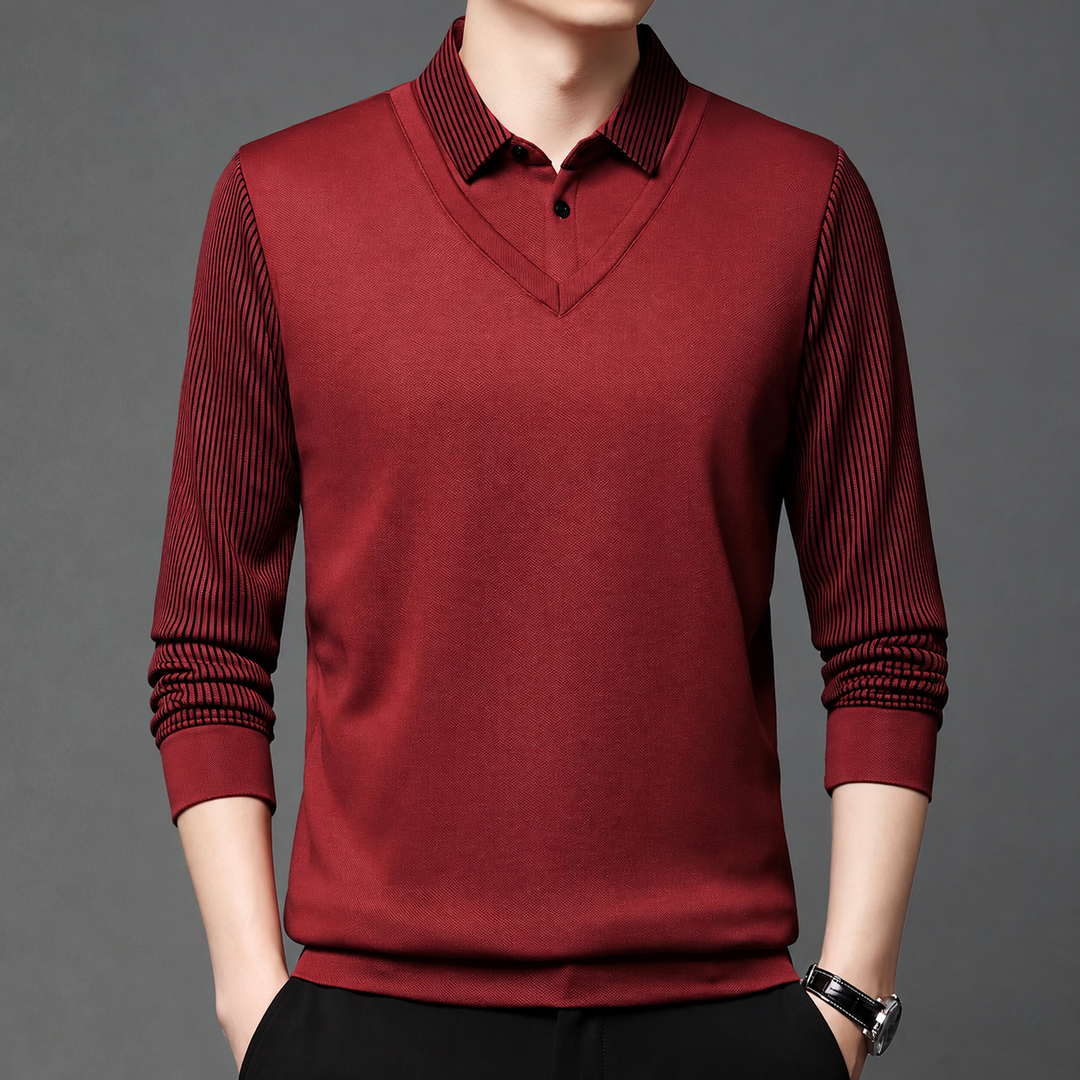 Svevira - Striped Sleeve Sweater With Buttoned Shirt Collar