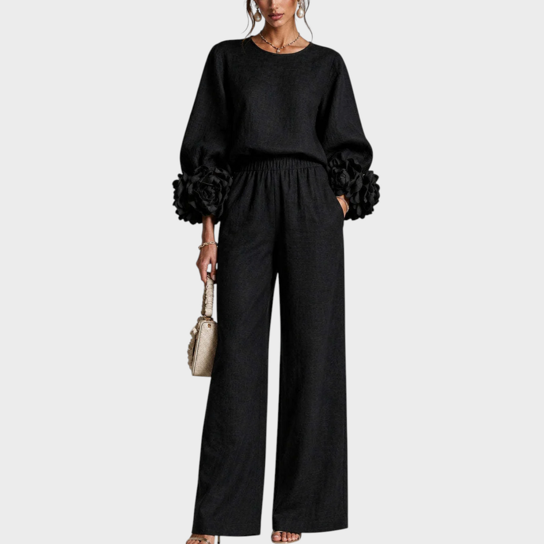 Elisora - Floral Cuff Long Sleeve Wide-Leg Pants Set