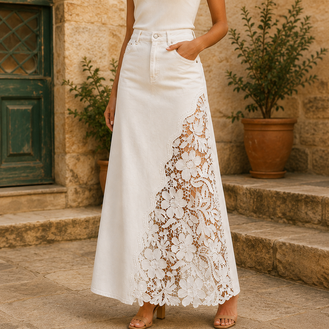 Quenurana - Lace Denim Maxi Skirt
