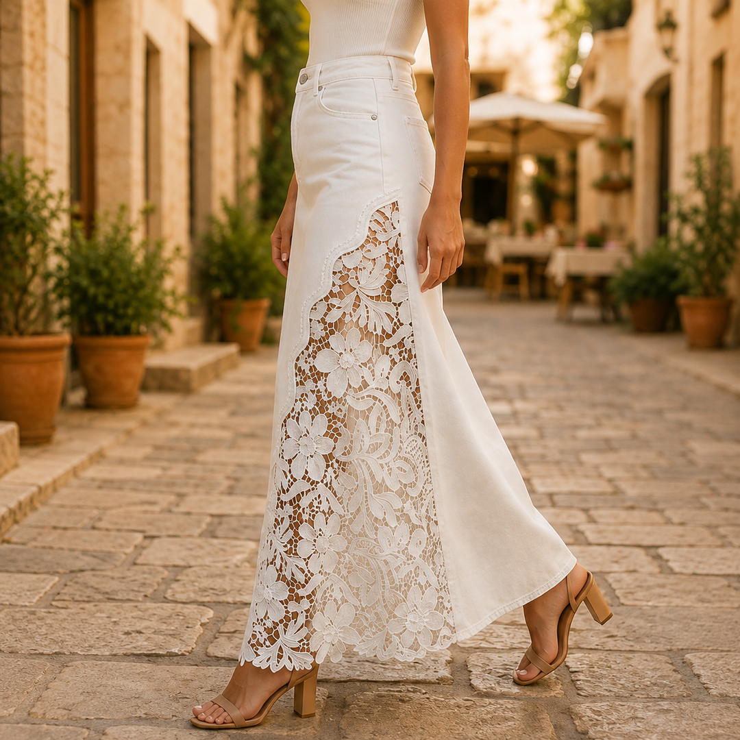 Quenurana - Lace Denim Maxi Skirt