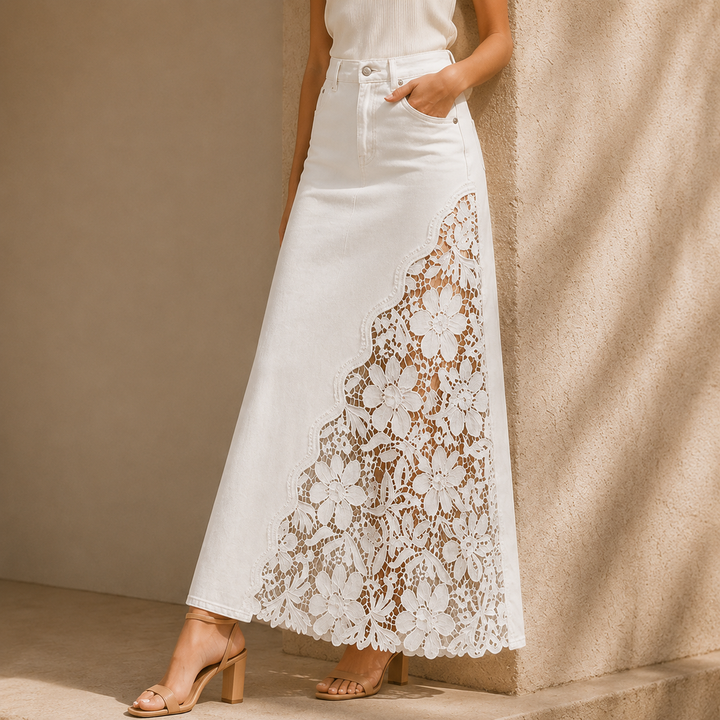 Quenurana - Lace Denim Maxi Skirt